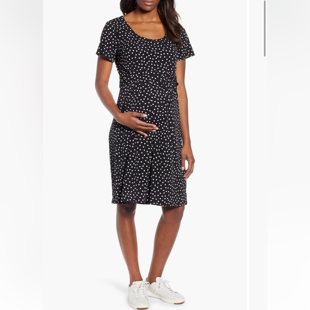 Black & White Polka Dot Angel Maternity Empire Waist Maternity/Nursing Dress